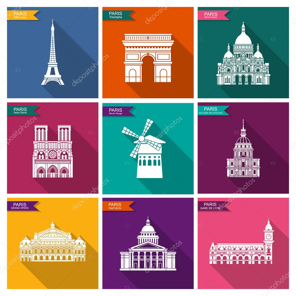 Paris landmarks and monuments. Vector flat icons with shadow