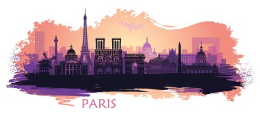 Eyfel Kulesi, Zafer Takı ve Notre Dame Katedrali 'nin benekleri ve boya lekeleriyle Paris' in stilize edilmiş manzarası.
