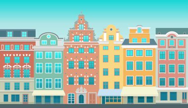 Stockholm - Gamla Stan 'de Stortorget. Eski bir Avrupa kasabasının stilize edilmiş son derece detaylı bir çizimi