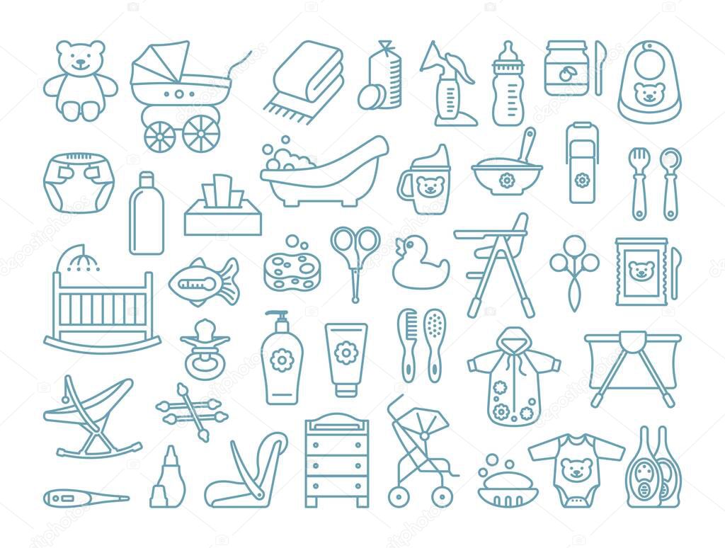 Feeding, bathing and baby care. Set of linear icons