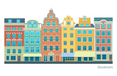 Stockholm - Gamla Stan 'de Stortorget. Eski bir Avrupa kasabasının stilize edilmiş son derece detaylı bir çizimi