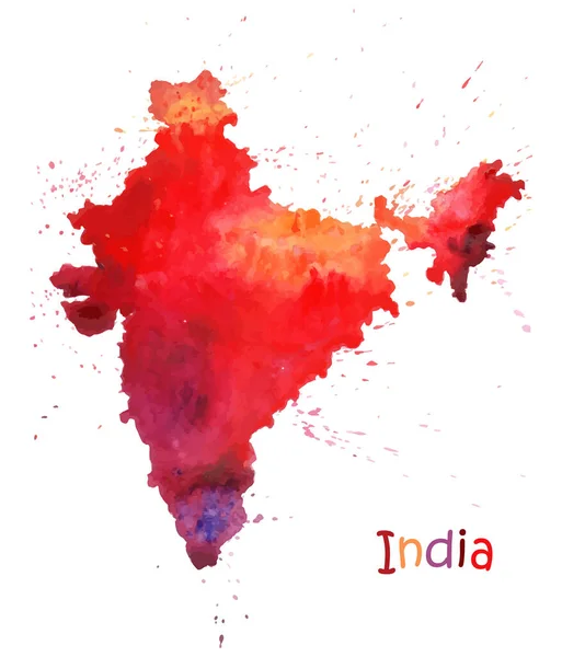 Mapa de acuarela de la India. Imagen estilizada con manchas y salpicaduras de pintura — Vector de stock