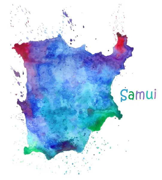 サムイ島の水彩地図。スポットや塗料のスプラッシュとスタイル化された画像 — ストックベクタ