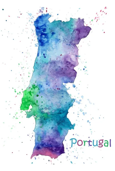 ポルトガルの水彩地図。スポットや塗料のスプラッシュとスタイル化された画像 — ストックベクタ