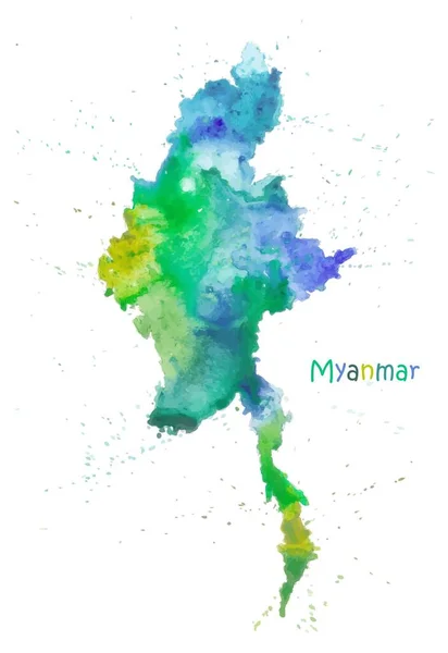 ミャンマーの水彩地図。スポットや塗料のスプラッシュとスタイル化された画像 — ストックベクタ