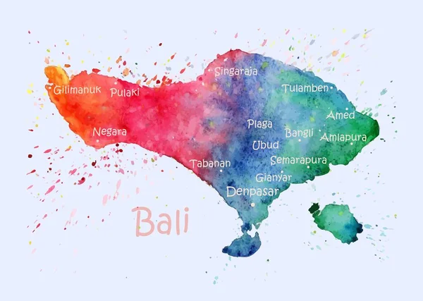 Mapa akwareli Bali z miastami. Stylizowany obraz z plamami i plamami farby — Wektor stockowy