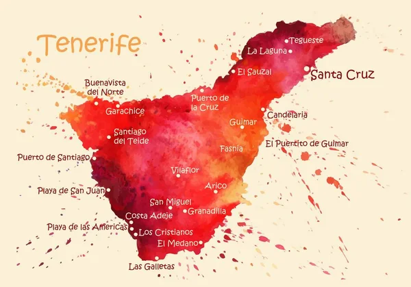 Akvarelová mapa Tenerife s městy. Stylizovaný obraz s skvrnami a cákancemi barvy — Stockový vektor