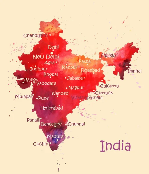 Вотерколірна карта Індії з містами. Стилізоване зображення з плямами та розколинами фарби. — стоковий вектор
