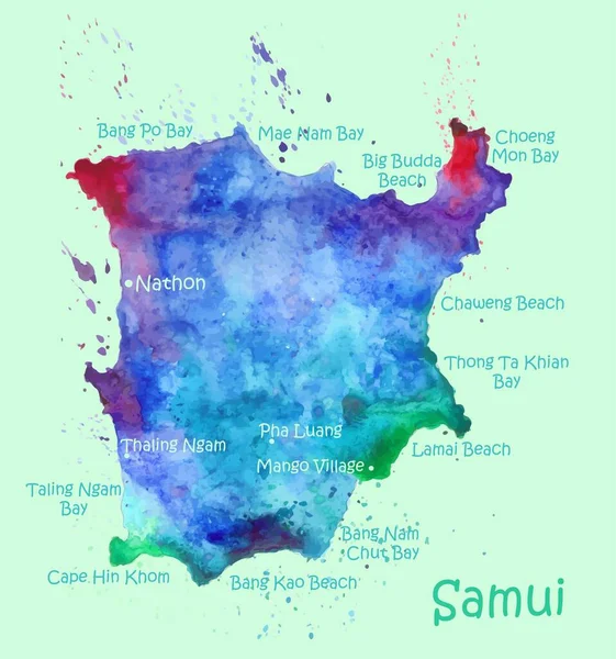 Akvarelová mapa Koh Samui s lokalitami. Stylizovaný obraz s skvrnami a cákancemi barvy — Stockový vektor