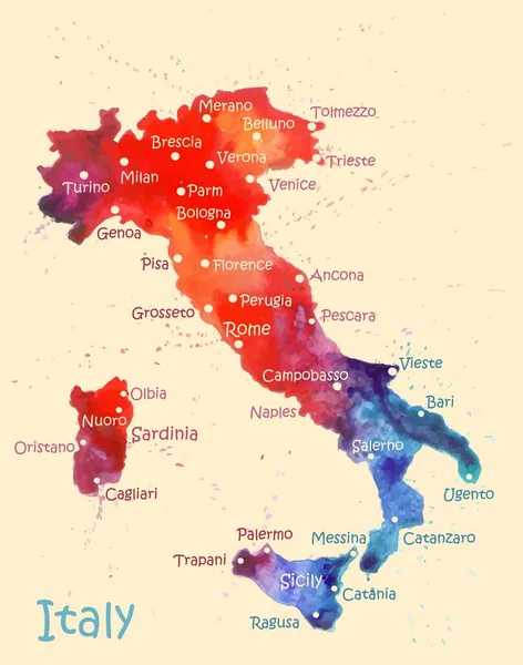 Acuarela mapa de Italia con ciudades. Imagen estilizada con manchas y salpicaduras de pintura — Vector de stock