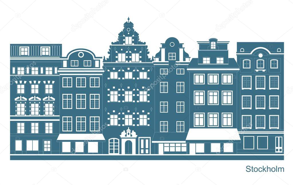 Stockholm - Stortorget place in Gamla stan. Stylized flat highly detailed illustration of an old European town