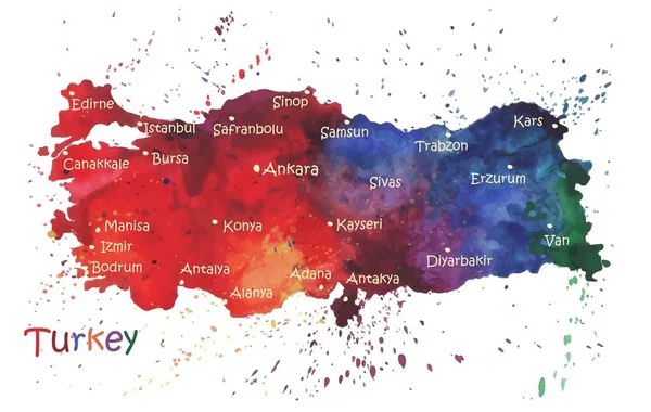 Mapa Aquarela Turquia Com Cidades Imagem Estilizada Com Manchas Salpicos —  Vetores de Stock