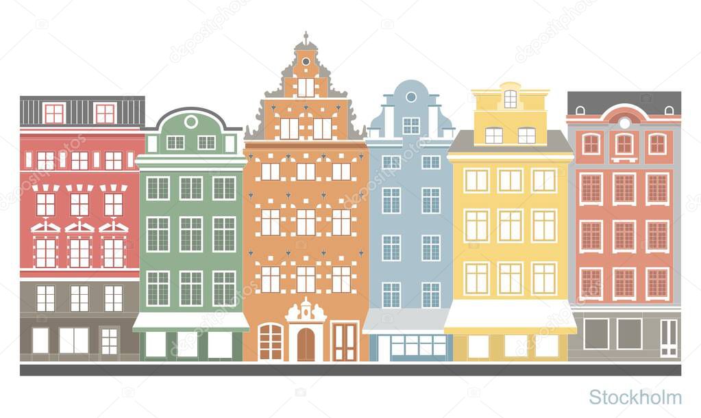 Colorful old town of Stockholm - Stortorget place in Gamla stan. Stylized flat highly detailed illustration of an old European city