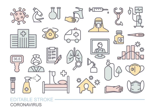 Zbiór ikon związanych z koronawirusem. Zapobieganie, ochrona, leczenie. Ikony liniowe z edytowalnym udarem — Wektor stockowy