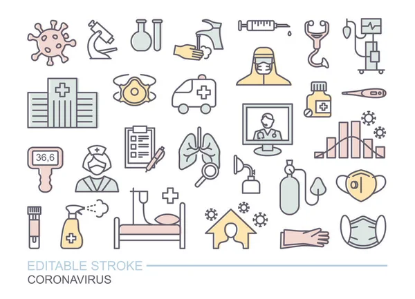 Coleção de ícones relacionados ao coronavírus. Prevenção, protecção, tratamento. Ícones lineares com curso editável — Vetor de Stock