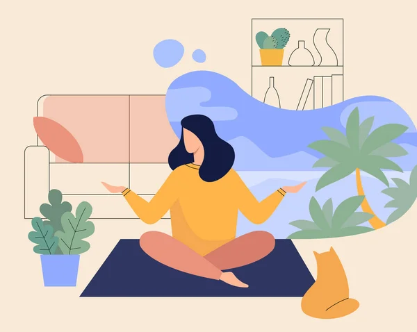 Vrouw Mediteren thuis, Yoga van Lady in kamer platte illustratie — Stockvector