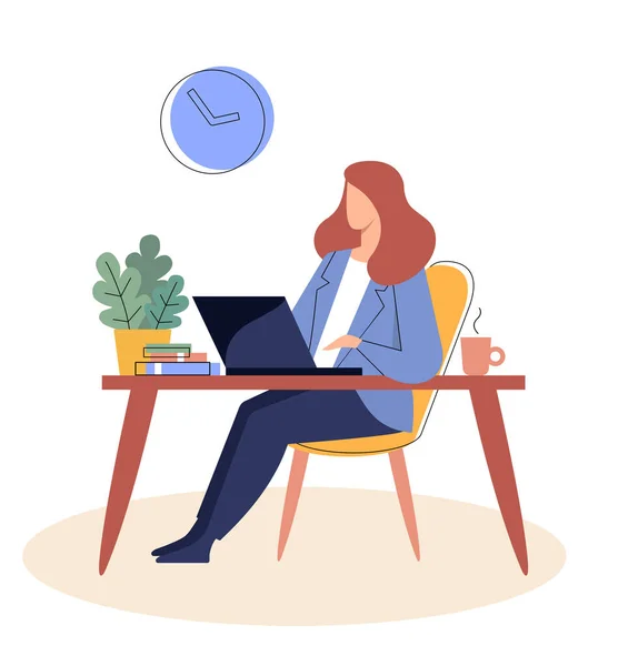Femme d'affaires est assis à une table avec un laptopr . — Image vectorielle