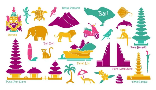 Bali, conjunto de iconos de Indonesia. Atracciones, diseño plano. Turismo en Bali, ilustración vectorial aislada. Símbolos tradicionales — Vector de stock