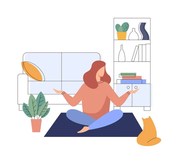 Femme Méditant à la Maison, Yoga de Dame dans la Chambre illustration plate — Image vectorielle