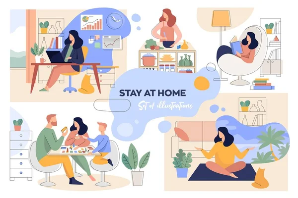 Un ensemble d'illustrations pour le concept du séjour à la maison . — Image vectorielle