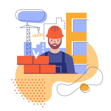 İnşaatçı bir duvar örüyor. Düzleştirilmiş illüstrasyon