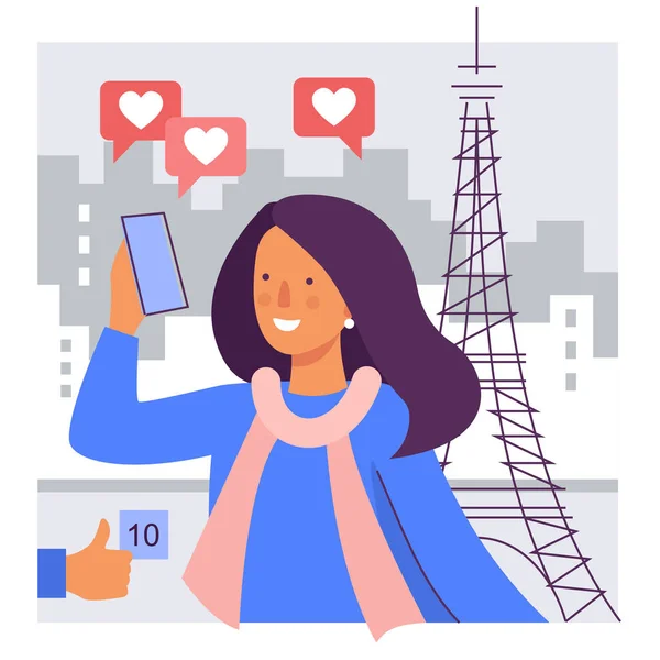 Ein Mädchen macht vor dem Hintergrund des Eiffelturms ein Selfie. Stilisierte Illustration eines Reisebloggers — Stockvektor