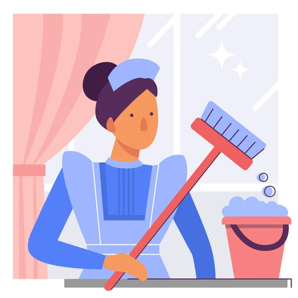Une femme de ménage ou un nettoyeur féminin avec un seau et MOP — Image vectorielle