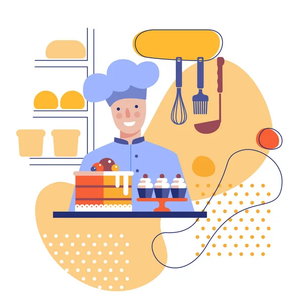 Chef de pastelaria com bolo e bolos. Imagem estilizada vetorial plana —  Vetores de Stock