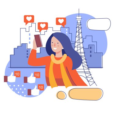 Bir kız Eyfel kulesinin arka planında selfie çekiyor. Bir seyahat blogcusunun biçimlendirilmiş illüstrasyonu