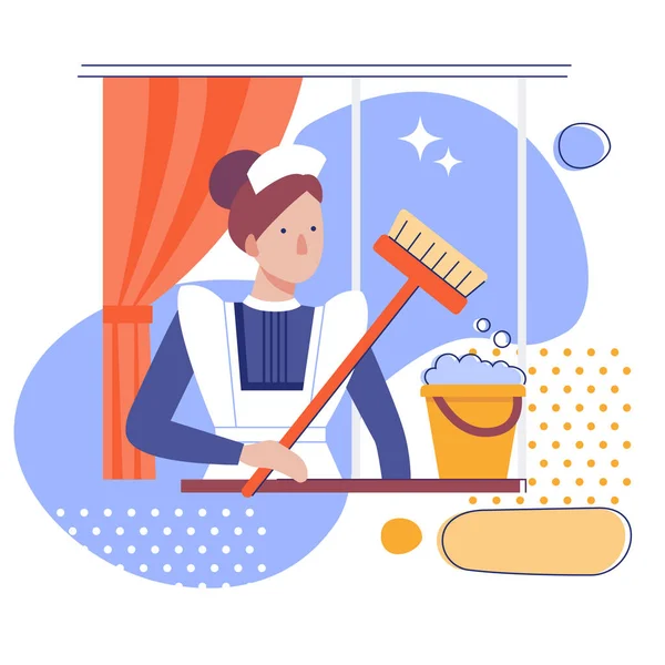Une femme de ménage ou un nettoyeur féminin avec un seau et MOP — Image vectorielle