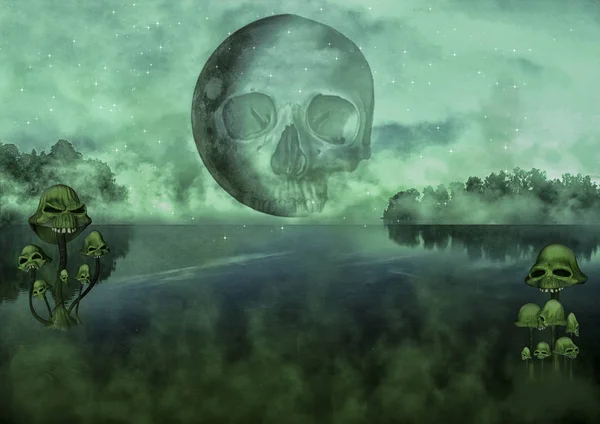 Strašidelné Temné Fantasy Jezero Měsíc Houby Lebka Obličeje — Stock fotografie