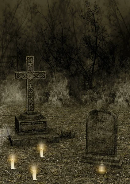 Dark cemetery with cross, tomb, lanterns, and candles.