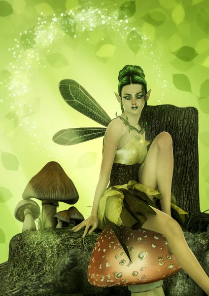 Fantasy portrait of a fairy sitting in a mushroom.