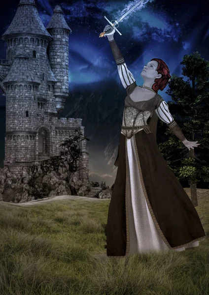 Arthurische Frau Mit Magischem Schwert Umgibt Blaues Feuer — Stockfoto