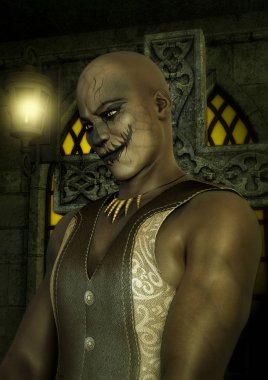 Yakın çekim sırtında bir haç ile voodoo bir adam portresi.