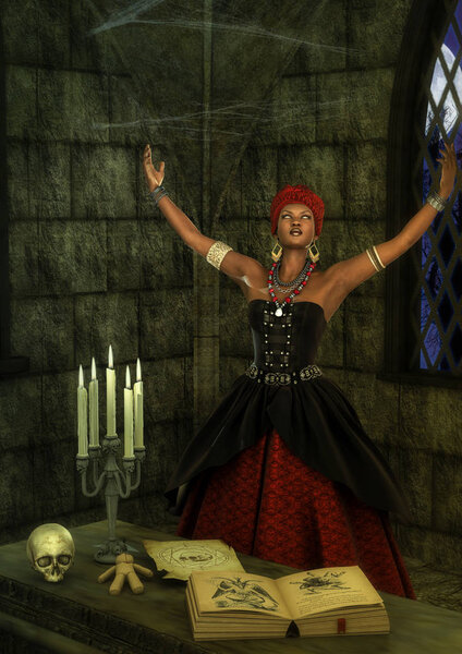 Voodoo queen in trance in front of a witchcraft altar.