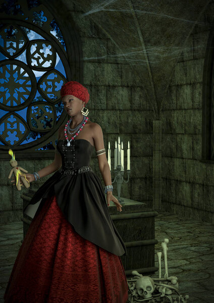 Voodoo queen with a witchcraft puppet in her hand.