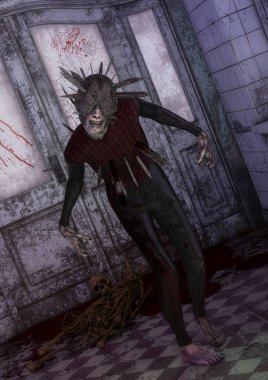 Kafasını bir kask ile garip bir canavar.