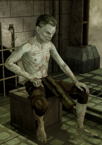 木製の箱に座っている吸血鬼の肖像 — ストック写真