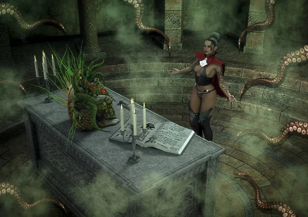 一个邪恶的女巫在祭坛前召唤触角 — 图库照片