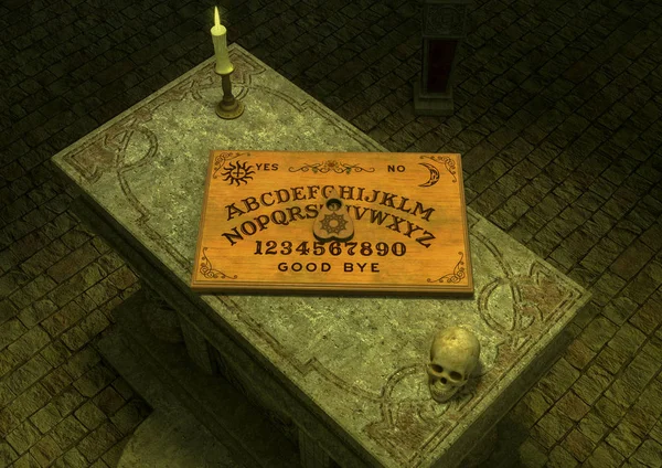 Tábua Ouija Altar Com Uma Vela Crânio — Fotografia de Stock