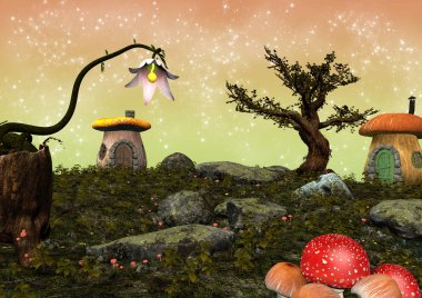 Mantar evleri, ağaçlar ve çiçeklerle dolu peri masalı çayırı..