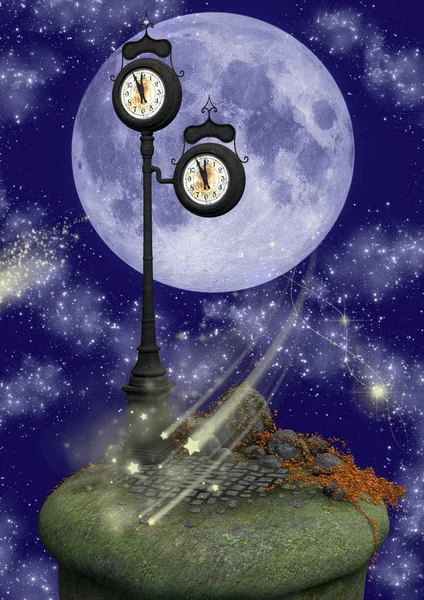 Isla Fantasía Con Viejos Relojes Flotando Espacio — Foto de Stock