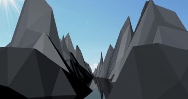 Arkasında mavi bir gökyüzü olan çokgen dağlar ve suyun arka planı.