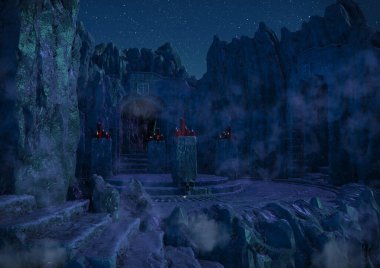 Taş kafatasları ve mumlarla dolu gizemli bir tapınağın fantezi gecesi sahnesi.