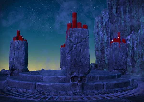 Fantasy Éjszakai Jelenet Egy Titokzatos Templom Szikla Koponyák Gyertyák — Stock Fotó