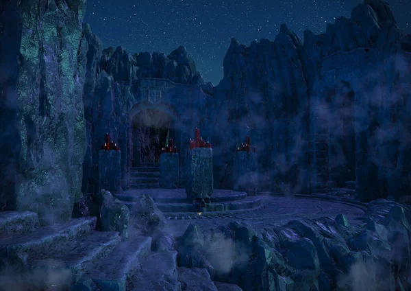 Fantasía Escena Nocturna Misterioso Templo Con Cráneos Roca Velas Fotos De Stock
