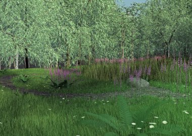 Çiçeklerle, otlarla, kayalarla dolu vahşi bir çayır manzarası..