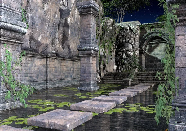 Una Escena Fantasía Viejo Templo Abandonado Con Una Piscina Limpia — Foto de Stock