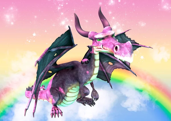 Fantasy Drago Rosa Uno Sfondo Colorato Pieno Stelle Arcobaleno — Foto Stock